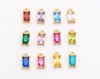 4PCS - Baguette Birthstone Charms, Square Cubic Zirconia Charm, Tiny Dangle CZ Charm, Color CZ Charm, Real 14K Gold Plated [P1271-PG]