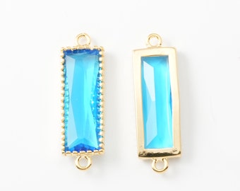 1PC - Sapphire Glass, Square Connector Charms, Glass Connectors, Rectangle Pendant (Parallel) 14K Gold Plated [G0057-PGSP]