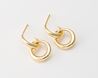 2PCS - Round Dangle Stud Earrings, Gold Hoop Post Earring, 925 Sterling silver stick, Real 14K Gold Plated [E0801-PG]