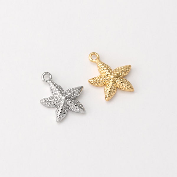 2PCS - Starfish Dangle Charm, Ocean Under the Sea Charm, Real 14K Gold & Rhodium Plated [P0579]