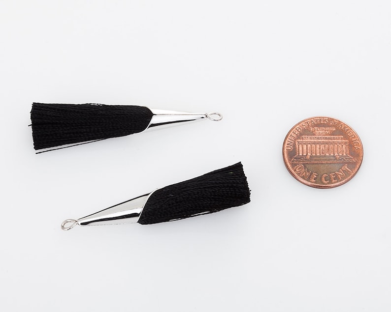 T0017-PRJT 2Pieces Large Black Thread Cone Tassel Jet Pendant Polished Rhodium-Plated