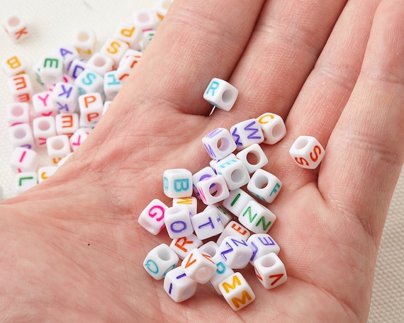 100PCS - 6mm Alphabet Letter Beads , Rainbow Color, White Multi Coloured  Beads , ABC Name Beads, A-Z Letter Beads, Square beads [CB0121]