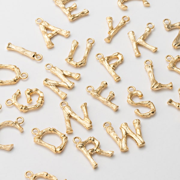 4PCS - Bamboo Alphabet Initial, Letter Bamboo charms, Dangle Personalized Pendant, Bamboo necklace, Real 14K Gold Plated [P0906-PG]