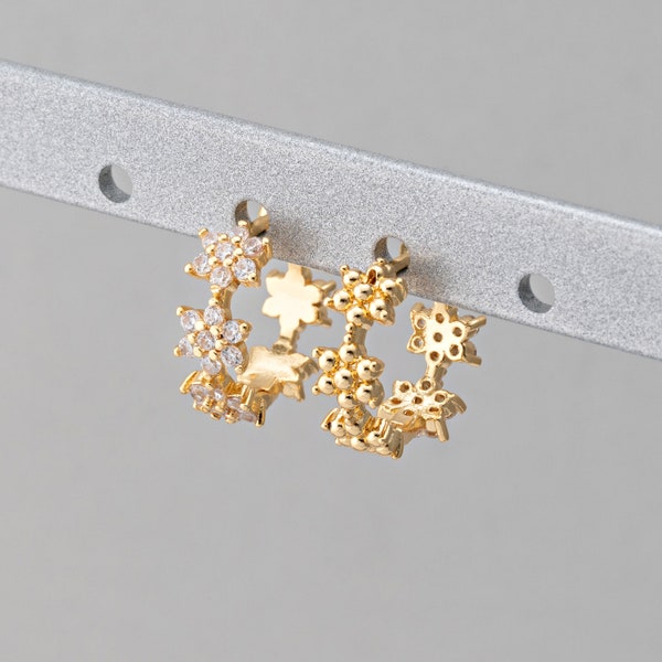 2PCS - Crystal Flower Huggie Hoops Earrings, Tiny Floral Zircon Huggies, Minimalist Fashion Earrings, Real 14K Gold Plated [E0831-PG]