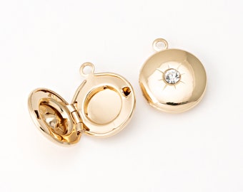 2PCS - Round Cubic Photo Locket Pendants, Locket Charm Necklace, 14K Polished Gold Tone [P0821-PG]