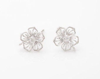 2PCS - Cubic Flower Post Earring , Cubic Stud Earrings, Wedding Jewelry, Polished Rhodium- Plated [E0250-PR]