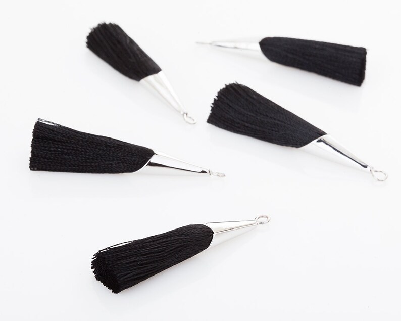 T0017-PRJT 2Pieces Large Black Thread Cone Tassel Jet Pendant Polished Rhodium-Plated