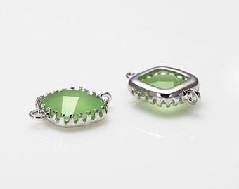 2PCS - Peridot Opal Square Glass Connector, Pendant Polished Rhodium -Plated [G0003-PRPO]