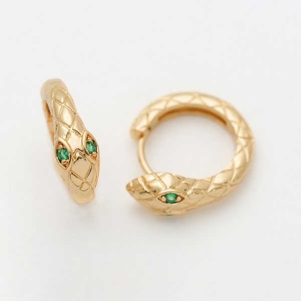 2PCS - Snake Huggie Earrings, One Touch Hoop, Emerald Earrings, Jet CZ Cubic Zirconia One Touch, Real 14K Gold Plated [E0692-PG]