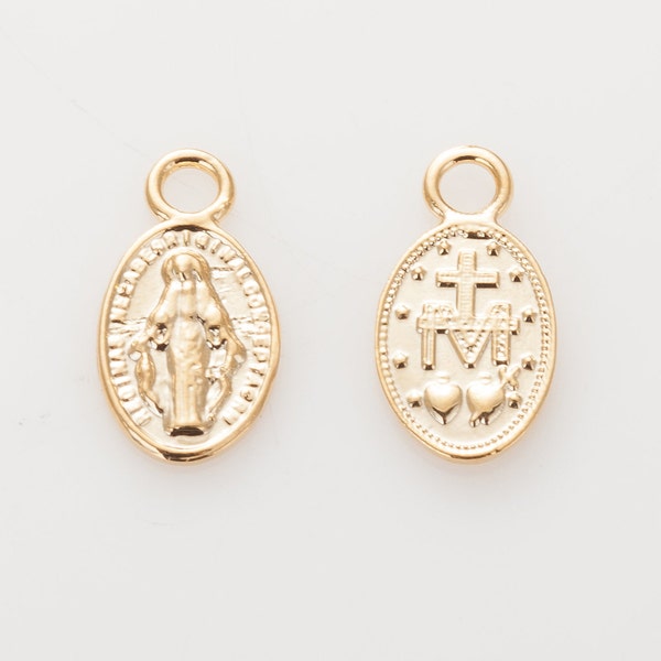 4PCS - Saint Maria Coin Pendant 7x13mm, Vintage Necklace Pendant, miraculous medal Pendant, Real 14K Gold Plated [P0740-PG]