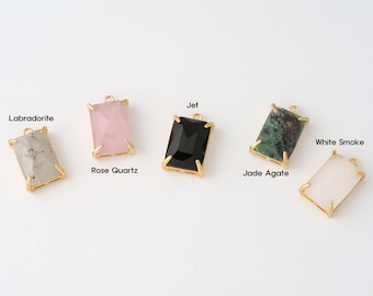 2PCS -  Square Gemstone Pendant, Rectangular Charm, Labradorite, Rose Quartz, Jet, Jade Agate, White Smoke, Real 14K Gold Plated [G0251-PG]