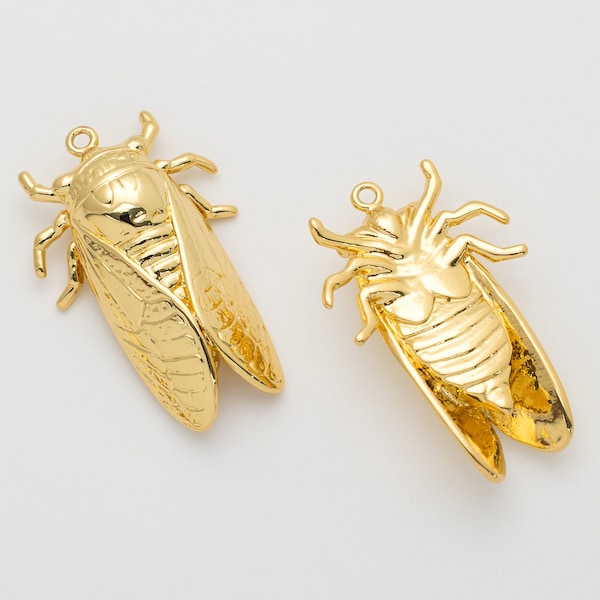 4PCS - Gold cicada Chars, Large Brass Cicada charm, Brass cicada pendant, Animal charm, Real 14K Gold Plated [P1491-PG]