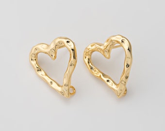 4PCS - Hammered Open Heart 20mm Post Earring, Hammered Heart Stud Earrings, 925 Sterling silver stick, Real 14K Gold Plated [E0420-PG]