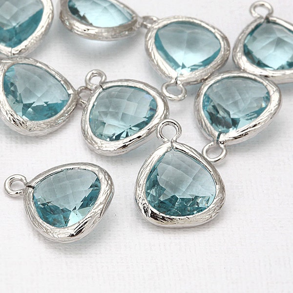 AquaMarine Glass Pendant(Small) Polished Rhodium -Plated - 2 Pieces [G0008-PRAQ]