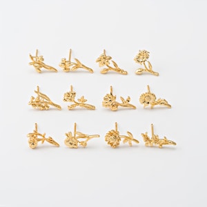 4PCS Moederdag Geboorte Bloem Stud Oorbellen, Kleine Gouden Bloempalen, Gepersonaliseerde Minimalistische Oorbellen, Echt 14K Verguld E0859-PG afbeelding 2