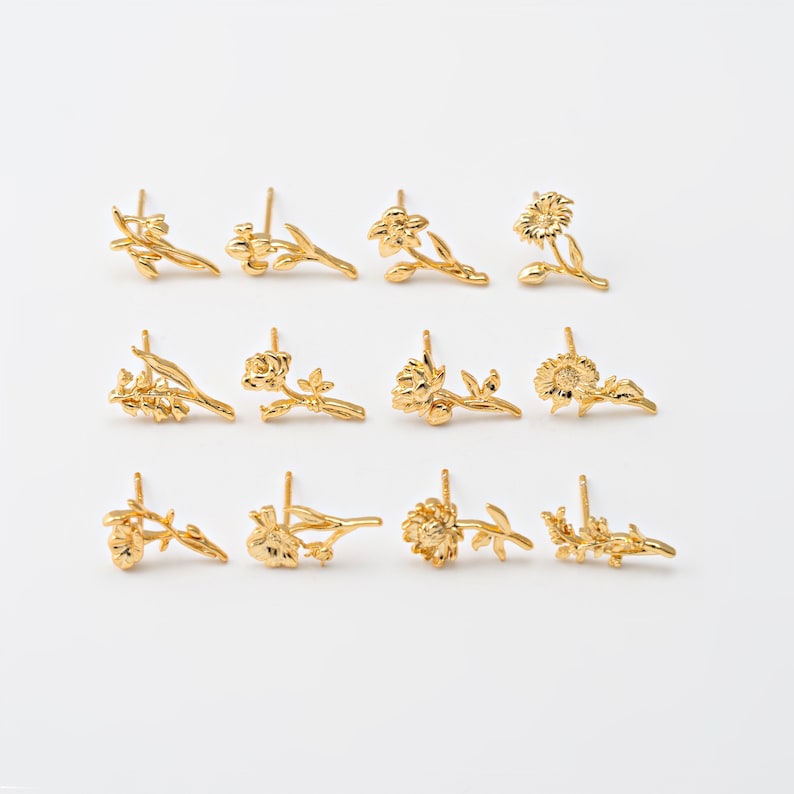 4PCS Moederdag Geboorte Bloem Stud Oorbellen, Kleine Gouden Bloempalen, Gepersonaliseerde Minimalistische Oorbellen, Echt 14K Verguld E0859-PG afbeelding 2