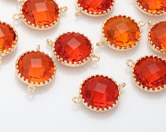 2PCS - Carnelian Round Glass Connector, Pendant Polished Gold-Plated [G0032-PGCN]