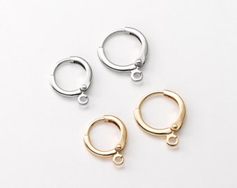 10PCS - 12mm, 14mm Simple Round one touch Earring, Lever-back, French Clip Huggie Hoops, Earring Supplies, 14K Gold & Rhodium Tone [E0622]