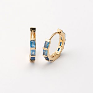 2PCS Gold Blue Cubic One Touch Hoop, Blue CZ Huggie Hoops, 13mm Gold Hoops, Real 14K Gold Plated AA0292-PGBL image 1