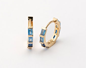 2PCS - Gold Blue Cubic One Touch Hoop, Blue CZ Huggie Hoops, 13mm Gold Hoops, Real 14K Gold Plated [AA0292-PGBL]