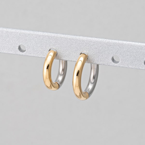 2PCS - Premium 3mm Thick Stainless Huggie Two Tone Hoops, 316 Steel 10/12mm Earrings, High Quality Vacuum Plated Finish [H0116(3)]