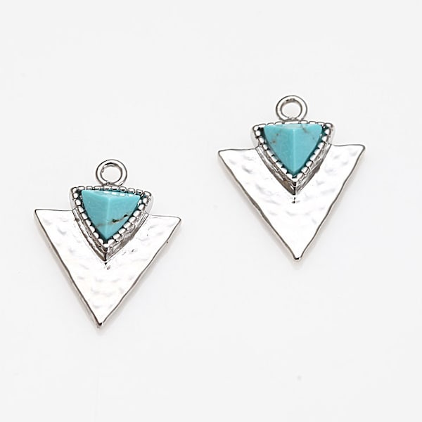 2PCS - Turquoise Triangle Arrow Spear Pendant,  Hammered Turquoise Charm Polished Rhodium -Plated [G0133-PRTQ]