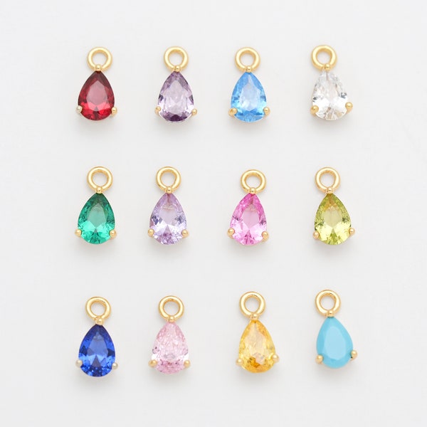 4PCS - Teardrop Birthstone Charms, Dangle Solitaire Pendants, Diamond Cut CZ Charm, Personalized Jewelry, Real 14K Gold Plated [P1517-PG]