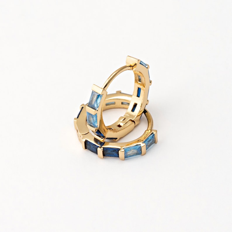 2PCS Gold Blue Cubic One Touch Hoop, Blue CZ Huggie Hoops, 13mm Gold Hoops, Real 14K Gold Plated AA0292-PGBL image 2