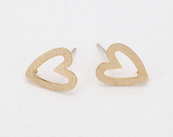 2PCS - Satin Heart Ring Post Earring, Gold Heart Stud Earrings, 925 Sterling Silver Stick, SATIN Matte Gold Plated  [E0038-SMG]