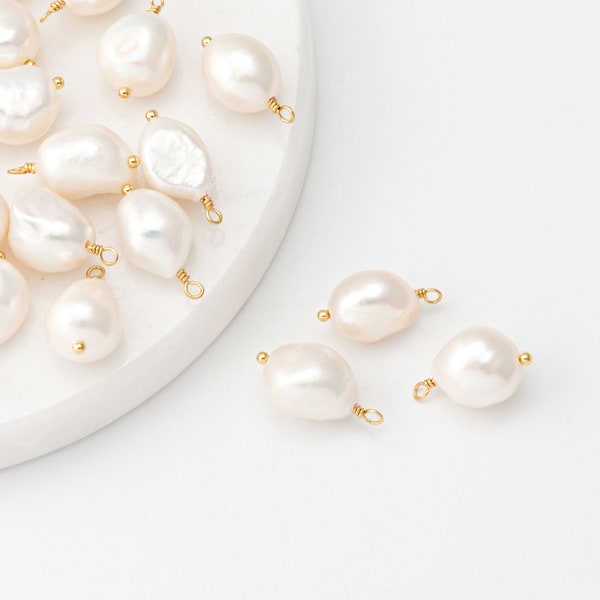 2PCS - Fresh water pearl Dangle Charms, Gold Baroque Pearl Pendant, Pearl Charm Necklace Pendant, Real 14K Gold Plated [P1575-PG]