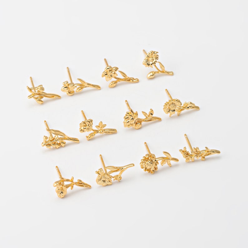 4PCS Moederdag Geboorte Bloem Stud Oorbellen, Kleine Gouden Bloempalen, Gepersonaliseerde Minimalistische Oorbellen, Echt 14K Verguld E0859-PG afbeelding 3