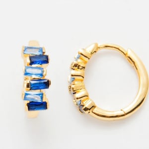 2PCS Emerald Cubic One Touch Hoop, Gold Cubic One Touch Hoop, CZ Huggie Hoop Earrings, Gold Hoops Real 14K Gold Plated E0617-PG Blue