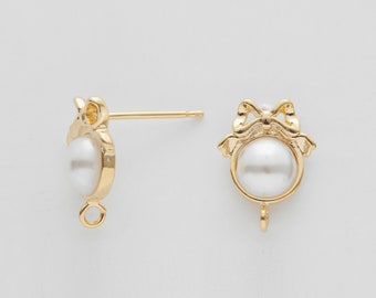 2PCS - 6mm Pearl Ribbon Post Earring, Ribbon Stud Earrings, Earring Making,  925 Sterling silver stick, Real 14K Gold Plated [E0561-PG]