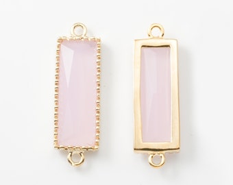 1PC - Ice Pink Glass, Square Connector Charms, Glass Connectors, Rectangle Pendant (Parallel) 14K Gold Plated [G0057-PGIP]