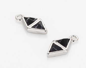 2 PCS - Black Marble double Triangle Connector, Black marble Charm Polished Rhodium -Plated  [G0176-PRBM]
