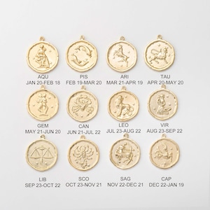 4PCS - Zodiac coin Charm pendants, Constellation charms, Constellation birth, Jewelry making, Real 14K Gold Plated [P0768-PG]