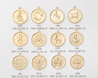 2PCS - Zodiac coin Charm pendants, Constellation charms, Constellation birth, Jewelry making, Real 14K Gold Plated [P0768-PG]