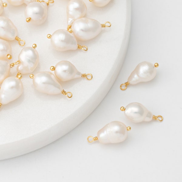 2PCS - Fresh Water Pearl Charms, lump Shape Dangle Pearl charms, Teardrop Style Pearl Necklace Pendant, Real 14K Gold Plated [P1609-PG]