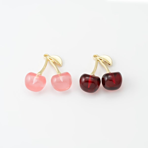 2PCS - Acrylic Cherry Dangle Charm, Big Fruit Pendant For Necklace Jewelry Making, Real 14K Gold Plated [CB0262-PG]