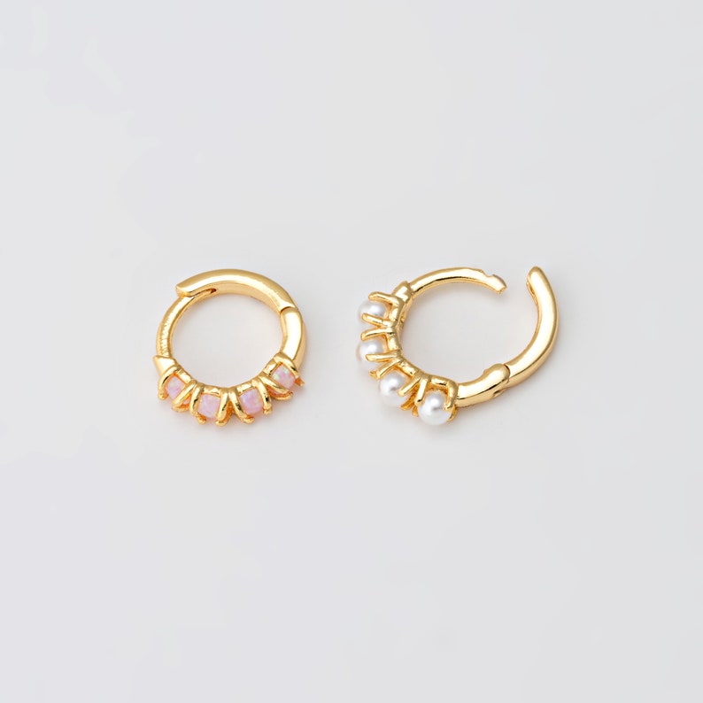 2PCS Opal Hoops, Opal One Touch Earrings, Huggie Hoops, Pearl Hoops, Turquoise Huggies, Real 14K gold earrings hoops Plated E0524-PG zdjęcie 3