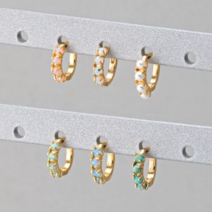 2PCS Opal Hoops, Opal One Touch Earrings, Huggie Hoops, Pearl Hoops, Turquoise Huggies, Real 14K gold earrings hoops Plated E0524-PG 画像 1