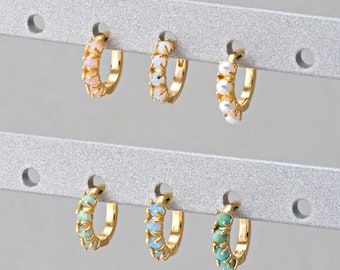 2PCS - Opal Hoops, Opal One Touch Earrings, Huggie Hoops, Pearl Hoops, Turquoise Huggies, Real 14K gold earrings hoops Plated [E0524-PG]