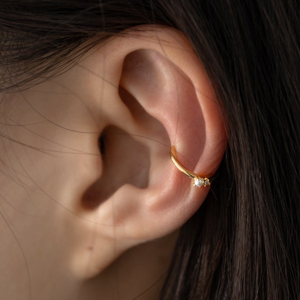 4PCS - Mini Pearl Dangle Ear Cuffs, Dainty Tiny Zircon Ear Cuffs, Dainty Hoops, Cartilage Ear Cuff, Real 14K Gold Plated [E0833-PG]
