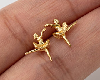 4PCS - Tiny Ballet Stud Earrings, Mini Pave Dance Girls Post Earring, Minimalist Earrings, Gift for Her, Real 14K Gold Plated [E0849-PG]