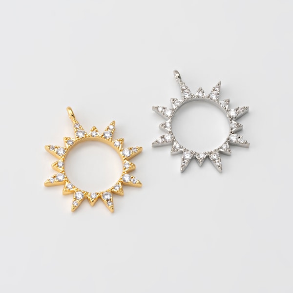 2PCS - Cubic Zircon Sun Charm, Dangle Sun Ray Pendants, Summer Jewelry Charm, Real 14K Gold & Rhodium Plated [AA0265]