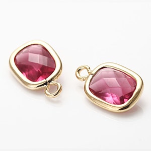 2PCS - Fuchsia Glass Square Pendant Polished Gold -Plated [G0041-PGFC]