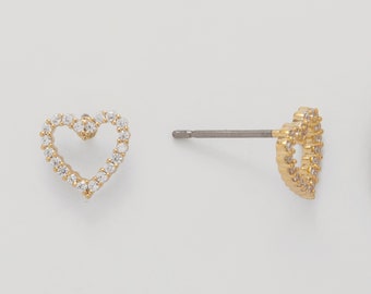 4PCS - Cubic Heart Post Earring, Heart Stud Earrings, Jewelry Craft Supplies, Real 14K Gold Plated [E0552-PG]