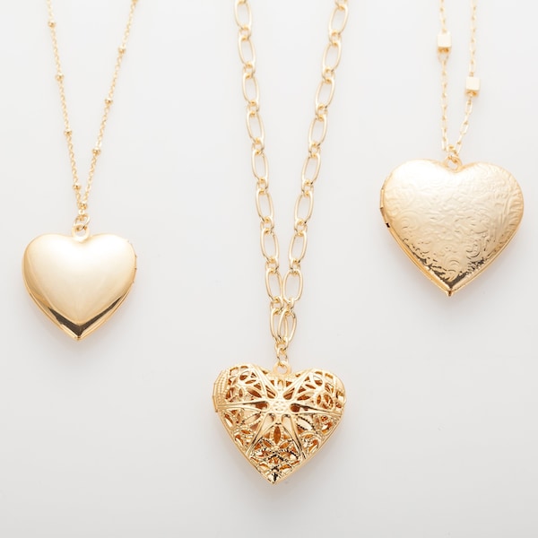 2PCS - Heart Locket Series, Locket Charm Necklace Pendant, 14K Gold Tone [P0734-PG]