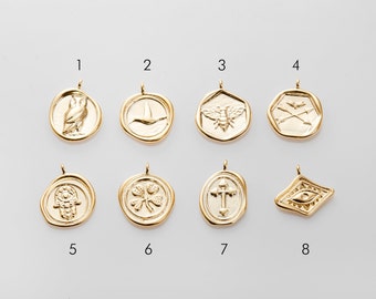 4PCS - 8 geluksbrengerseries, Boze oog, kruis, uil, bij, hamsa, gouden wensbeenhanger, Echt 14K verguld [P0937-PG]