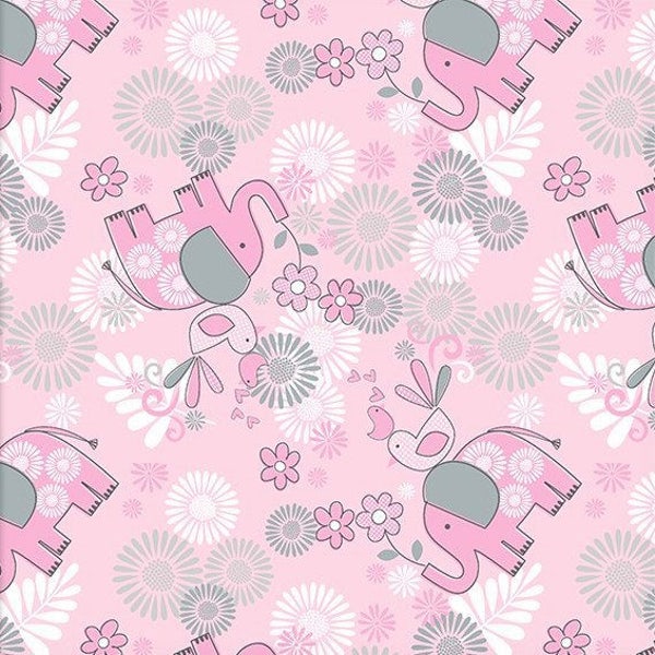 Elephant Fabric, Flannel Fabric, Kids Fabric, Baby Fabric, Nursery/Crib, Pink/Gray/White, Apparel/Blanket/Quilt/Throw, Yard/Half Yard